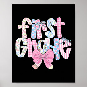 Preppy First Grade Teacher Blue Floral Coquette Pe Poster