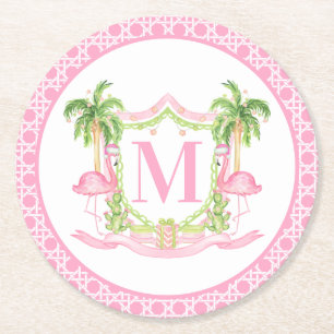 Preppy Flamingo Christmas Crest Round Paper Coaster