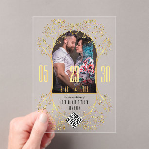 Preppy Floral Gold QR CODE Wedding Save the Date Acrylic Invitations