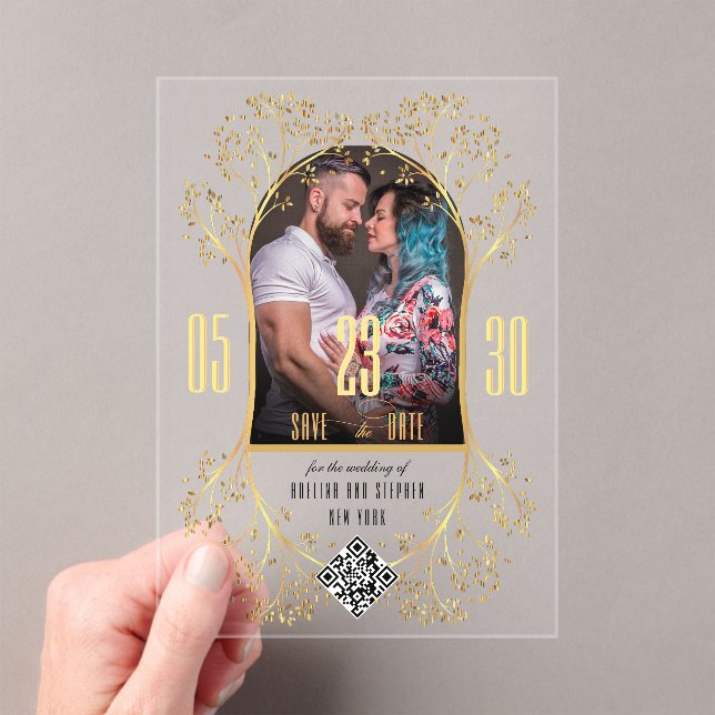 Preppy Floral Gold QR CODE Wedding Save the Date Acrylic Invitations (Insitu (Handheld))