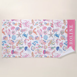 Preppy Floral Ocean Sealife Beach Towel