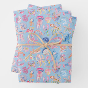 Preppy Floral Ocean Sealife Wrapping Paper Sheet