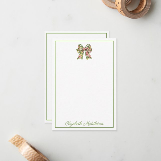Preppy Floral Pink and Green Bow Personalized Card (Front/Back In Situ)