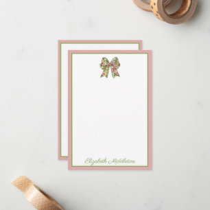 Preppy Floral Pink and Green Bow Personalized Card
