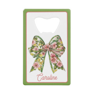 Preppy Floral Pink and Green Bow Personalized Credit Card Bottle Opener