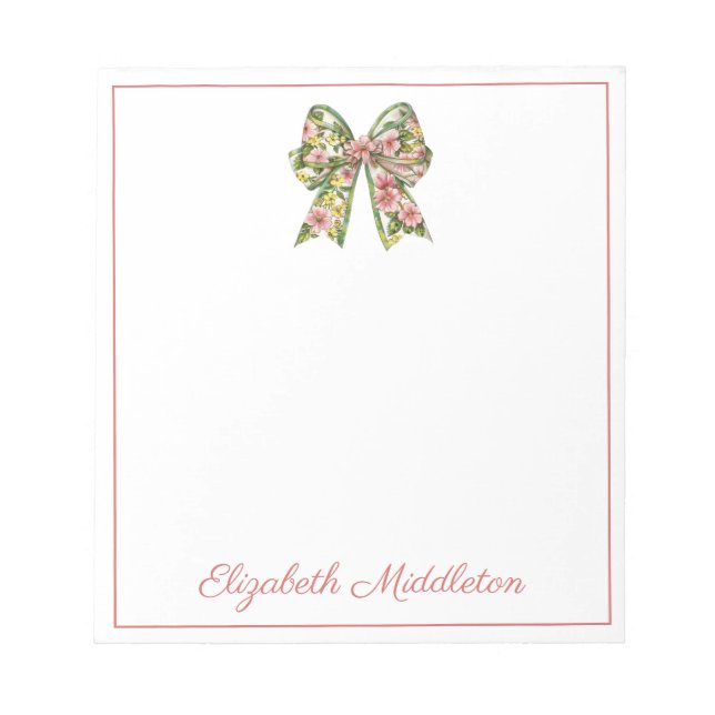 Preppy Floral Pink and Green Bow Personalized Notepad (Front)