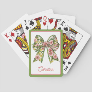 Preppy Floral Pink and Green Bow Personalized Playing Cards