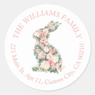 Preppy Floral Pink Easter Bunny Return Address Classic Round Sticker