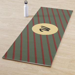Preppy Forest Green & Burgundy Stripes Monogram Yoga Mat