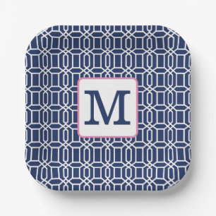 Preppy Geometric Octagon Monogram Navy White Pink Paper Plate