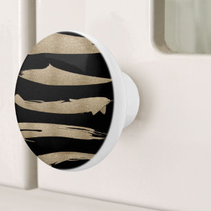 preppy geometric pattern black and gold stripes ceramic knob