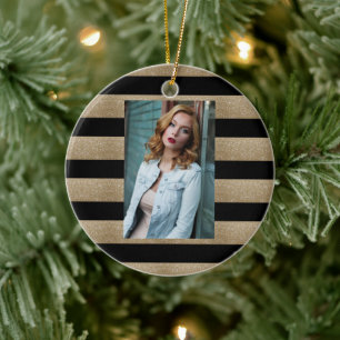 preppy geometric pattern black and gold stripes ceramic ornament