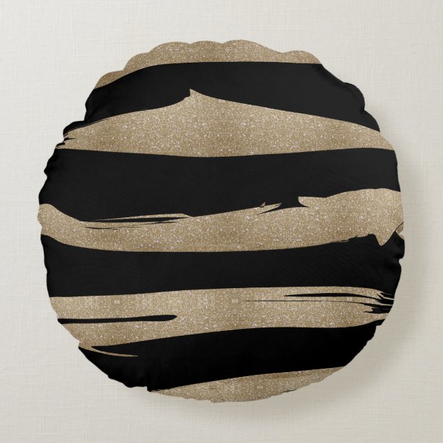 preppy geometric pattern black and gold stripes round pillow (Front)