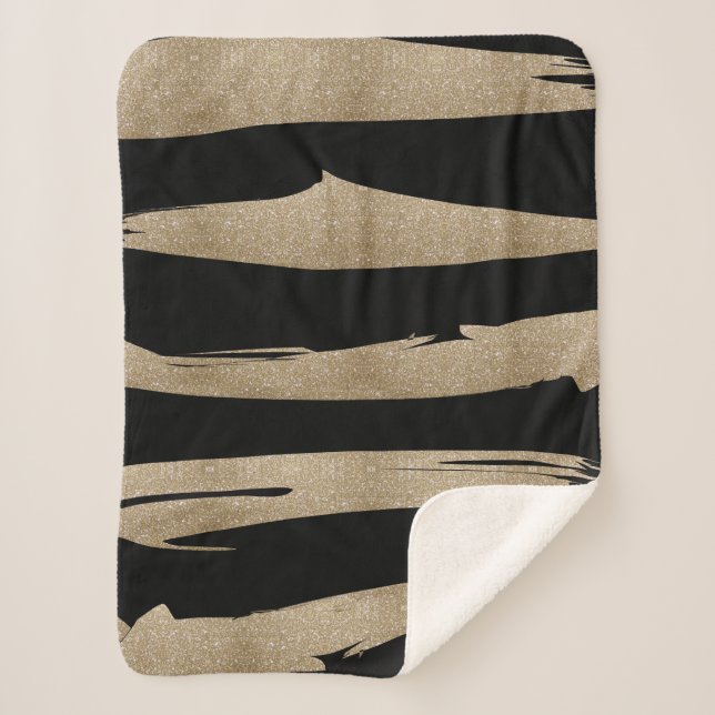 preppy geometric pattern black and gold stripes sherpa blanket (Front)
