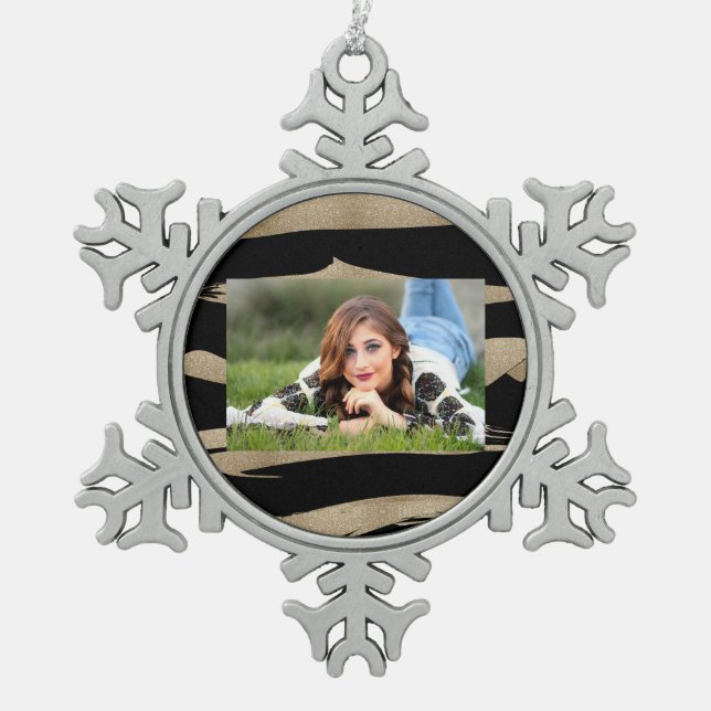 preppy geometric pattern black and gold stripes snowflake pewter christmas ornament (Front)