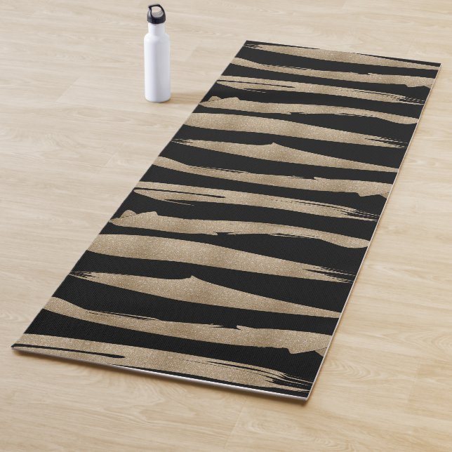 preppy geometric pattern black and gold stripes yoga mat (In Situ)