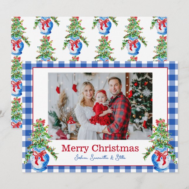 Preppy Ginger Jar Christmas Tree Navy Gingham Holiday Card (Front/Back)