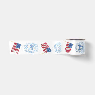 Preppy Ginger Jars & American Flags Red White Blue Satin Ribbon