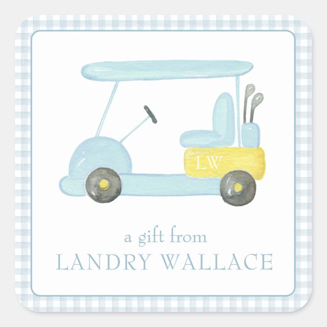 Preppy Gingham Watercolor Blue Monogram Golf Cart Square Sticker (Front)