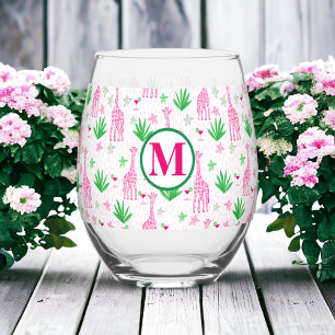 Preppy Giraffes Cosmopolitans Monogram Stemless Wine Glass