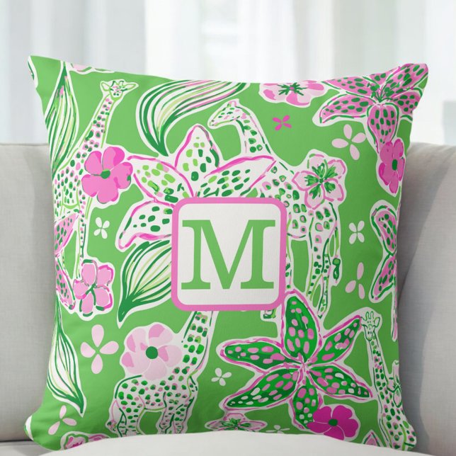 Preppy Giraffes Lily Pink Green Monogram Throw Pillow (Creator Uploaded)