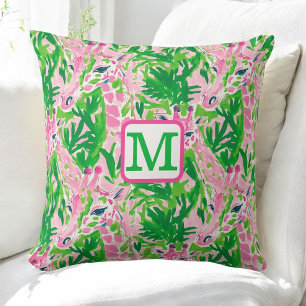 Preppy Giraffes Pink Green Tropical Monogram Throw Pillow
