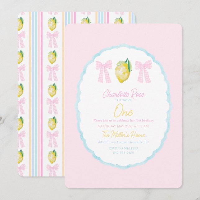 Preppy Girls Summer Lemon First Birthday Invitation (Front/Back)