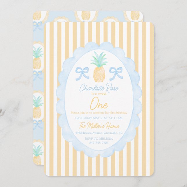 Preppy Girls Summer Pineapple First Birthday Invitation (Front/Back)