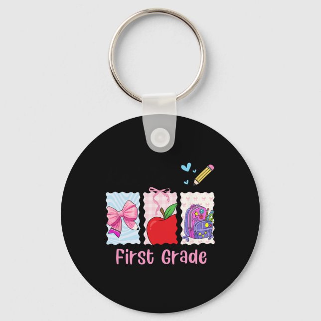 Preppy Girly Back To School Hello First Grade Teac Keychain (Front)