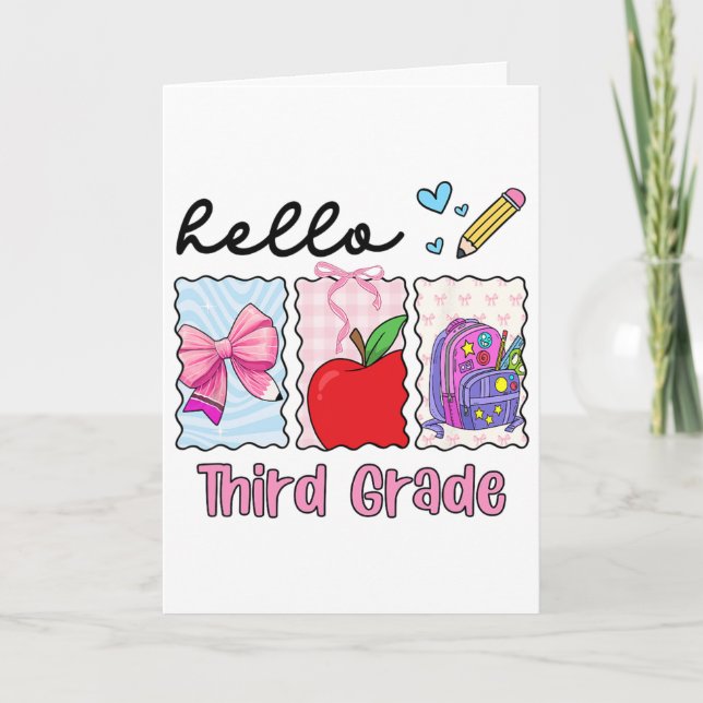 Preppy Girly Ck To School Hello Third Grade Teache Card (Front)