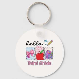 Preppy Girly Ck To School Hello Third Grade Teache Keychain