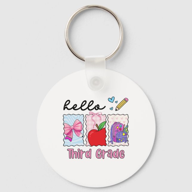Preppy Girly Ck To School Hello Third Grade Teache Keychain (Front)