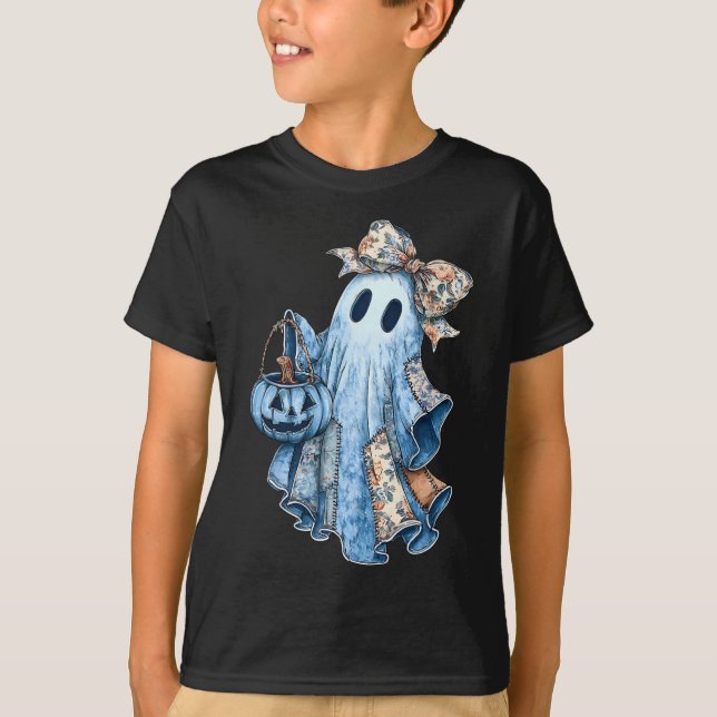 Preppy Girly Coquette Bow Patchwork Ghost Fall Hal T-Shirt (Front)