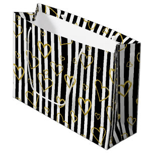 Preppy Gold Hearts Stripe Pattern Large Gift Bag