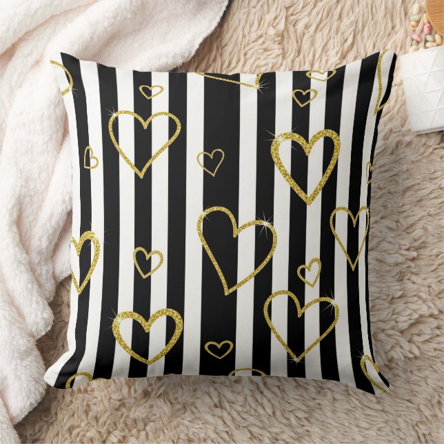Preppy Gold Hearts Stripe Pattern Throw Pillow (Blanket)
