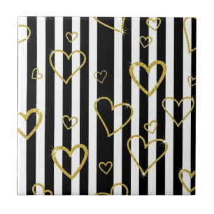 Preppy Gold Hearts Stripe Pattern Tile