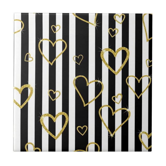 Preppy Gold Hearts Stripe Pattern Tile (Front)