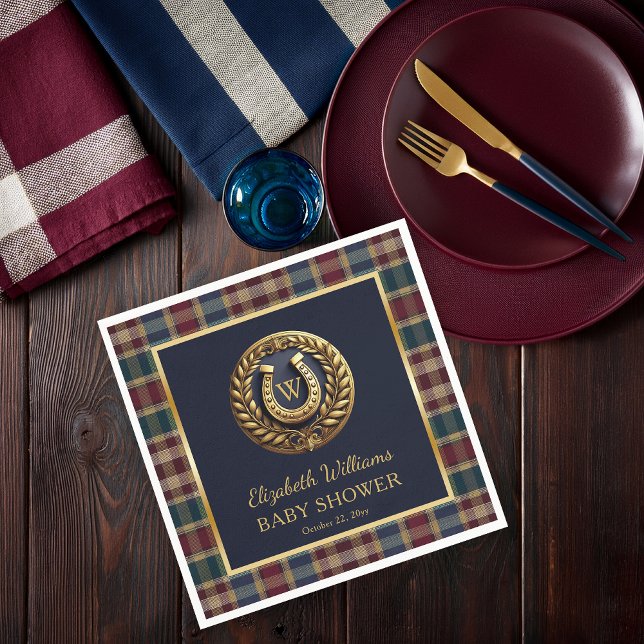 Preppy Gold Horseshoe Monogram Blue Baby Shower Napkin (Equestrian Emblem Monogram Preppy Navy Blue and Plaid Boy Baby Shower Paper Napkins)