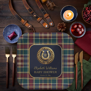 Preppy Gold Horseshoe Monogram Blue Baby Shower Paper Plate