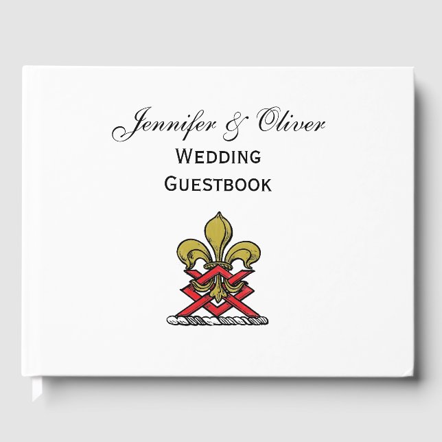 Preppy Gold Red Heraldic Crest Fleur de Lis Emblem Guest Book (Front)