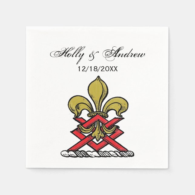 Preppy Gold Red Heraldic Crest Fleur de Lis Emblem Napkin (Front)
