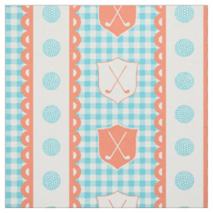 Preppy Golf Crest Gingham - Coral & Turquoise Fabric