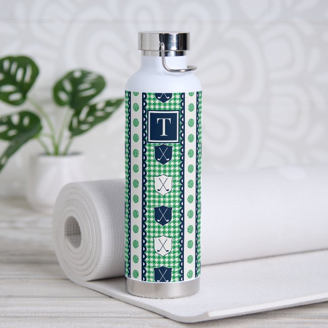 Preppy Golf Crest Gingham - Green & Navy Water Bottle (Yoga)