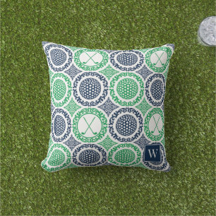 Preppy Golf Damask - Balls & Clubs in Navy & Green Outdoor Pillow