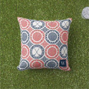 Preppy Golf Damask - Balls & Clubs in Navy & Red Outdoor Pillow