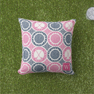 Preppy Golf Damask - Balls & Clubs Navy & Hot Pink Outdoor Pillow
