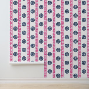 Preppy Golf Greek Key Stripe in Navy & Hot Pink Wallpaper