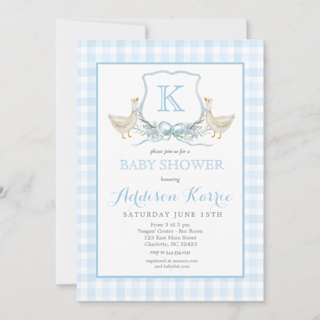 Preppy Goose Blue Gingham Baby Shower Invitation (Front)