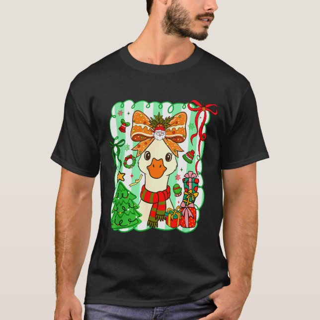 Preppy Gooses Bow Xmas Tree Funny Christmas Girl W T-Shirt (Front)