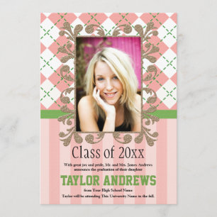 Preppy Graduation Invitations Announcements Pink